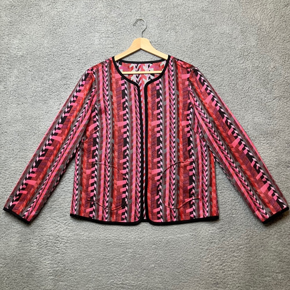 Reversible Geometric Open Blazer Jacket Women L Pink Black Pockets Vibrant Artsy